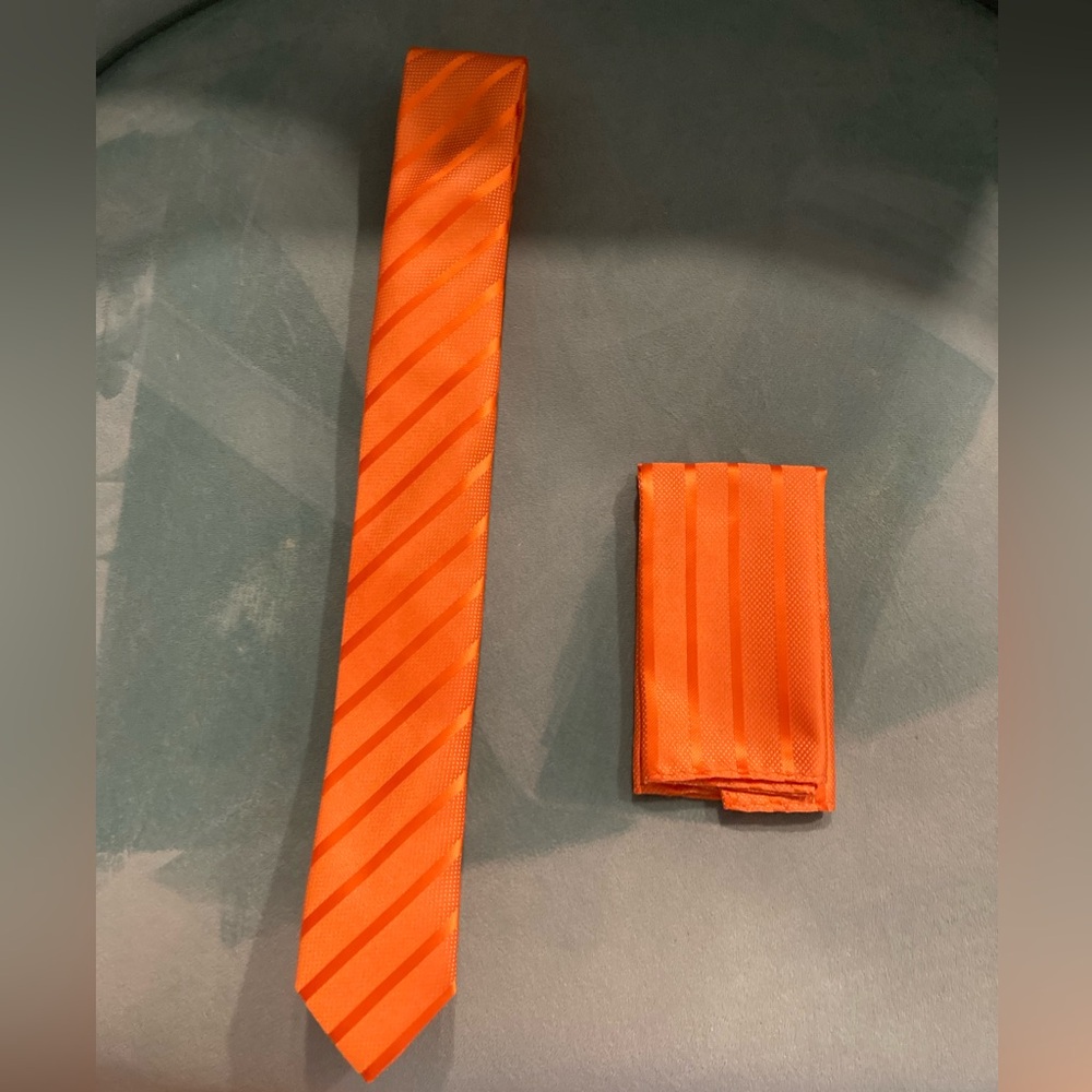 Brand Q tie and pocket square orange stripe